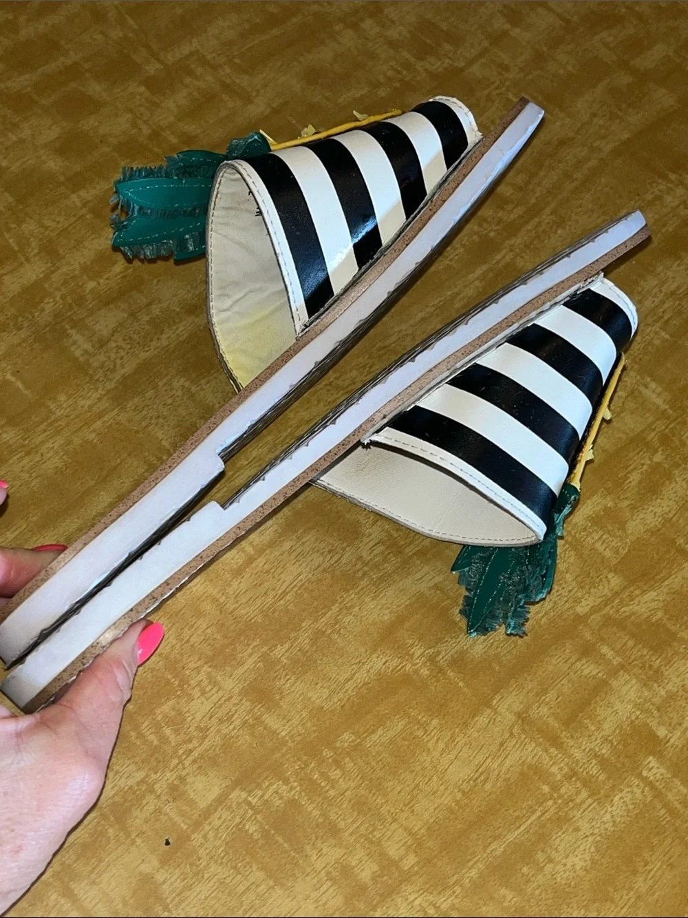 kate spade Black & White Stripe Pineapple Slide Sandals with Teal Leaves
